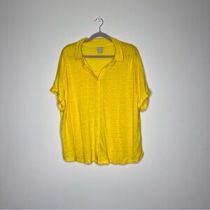 Chico’s Top Womens 4 / XXL Button Down 100% Linen Short Sleeve Shirt Yellow